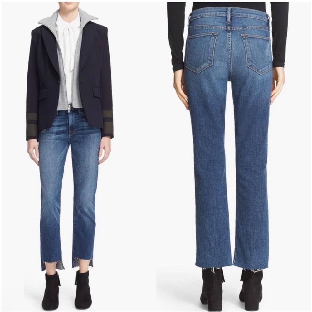 Frame Le High Straight Leg Staggered Raw Hem Jean in Century Blue